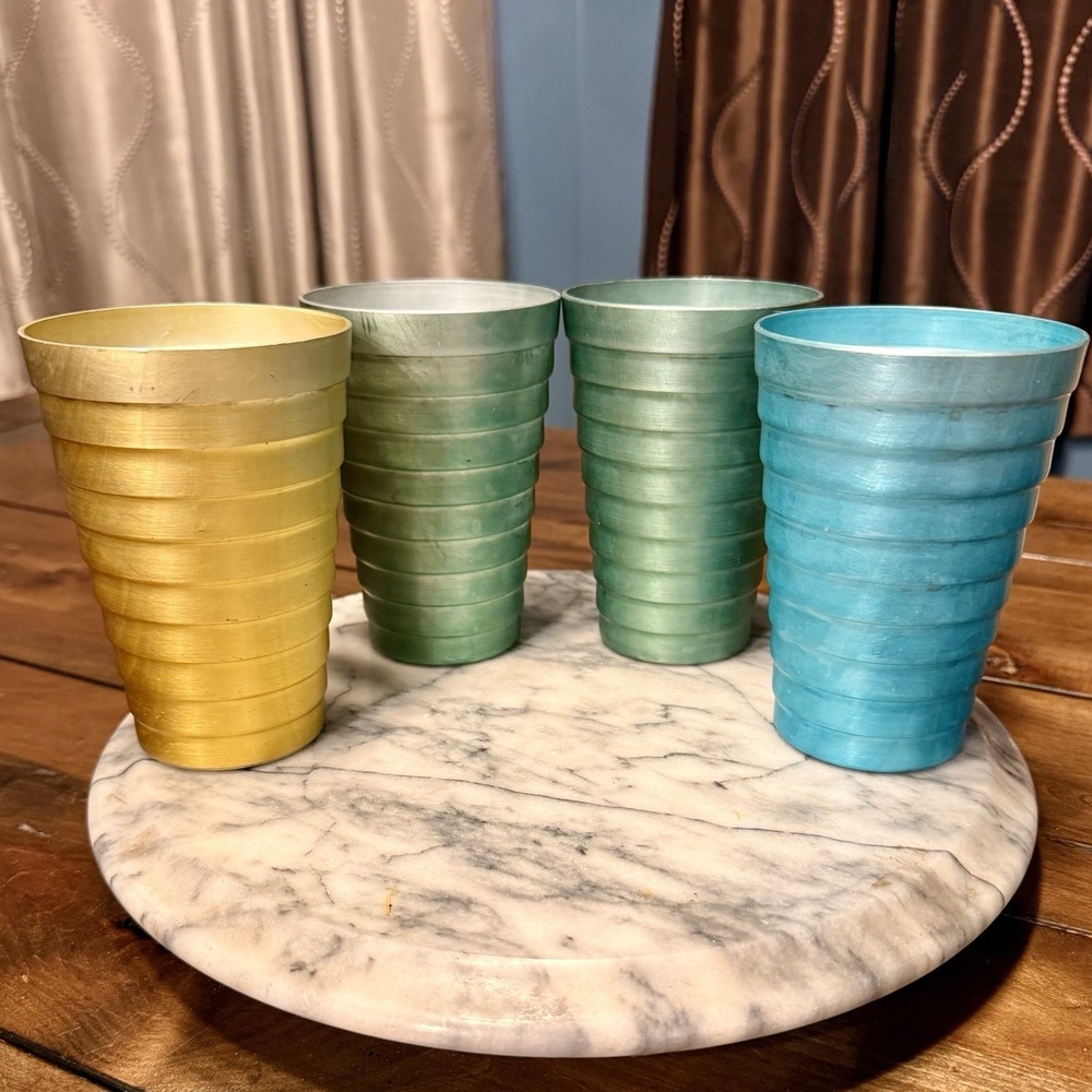 4pc VTG 60s MCM Multicolor Aluminum Tumbler Drinking Glass Ridge Metal Cup Retro